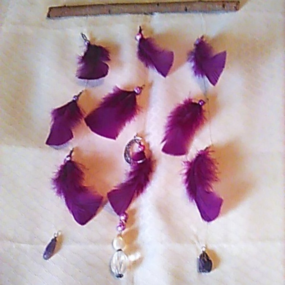 Wall Hanging Moon Purple Feathers Colorful Beads Vintage Pearl Charm Handcrafted